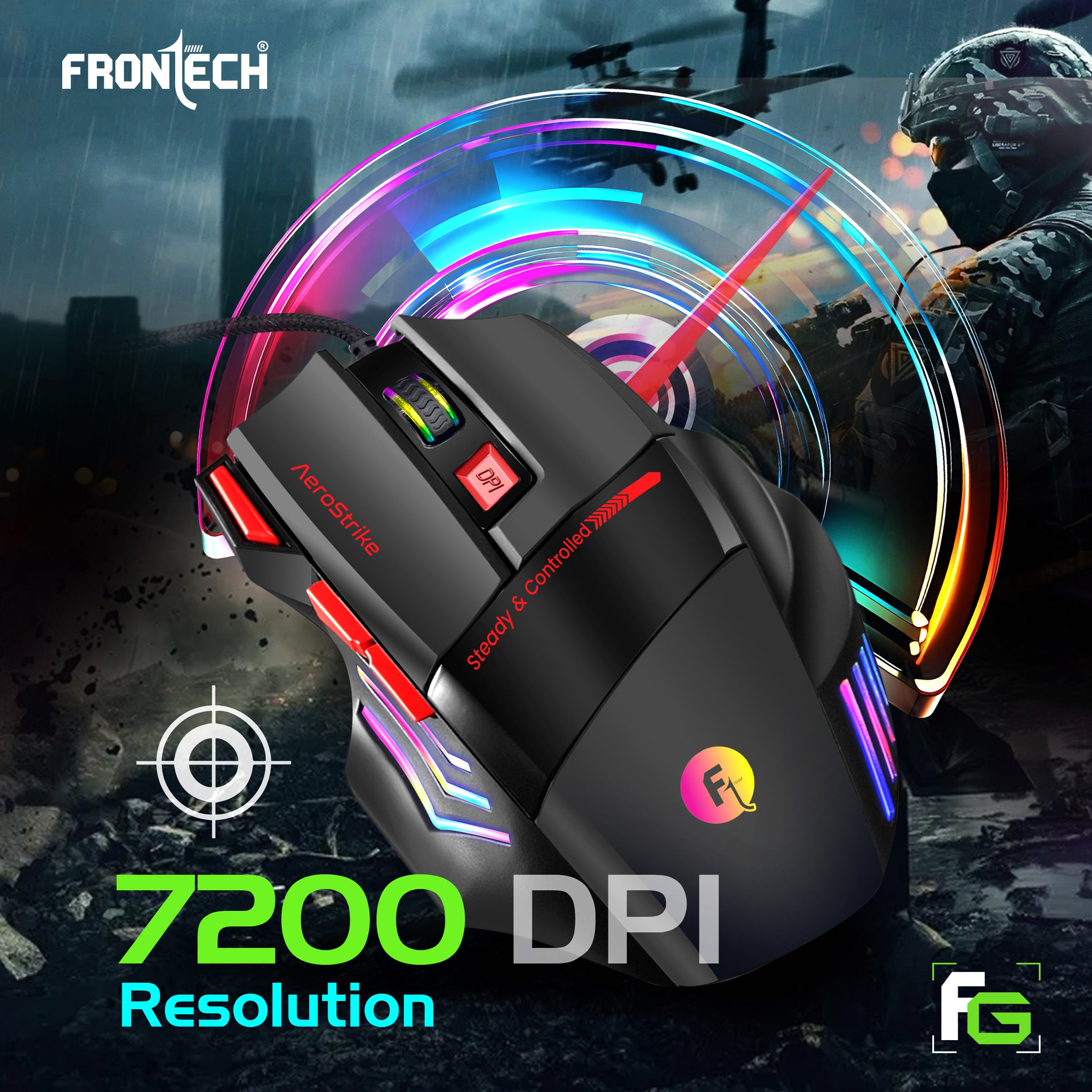 Frontech AeroStrike USB Wired Gaming Mouse with Upto 7200 DPI Gaming Sensor | 7 Buttons Design | Rainbow Lighting with Breathing Effect | 1.5m Braided Cable (MS-0083) Frontech AeroStrike USB Wired Gaming Mouse with Upto 7200 DPI Gaming Sensor | 7 Buttons Design | Rainbow Lighting with Breathing Effect | 1.5m Braided Cable (MS-0083)